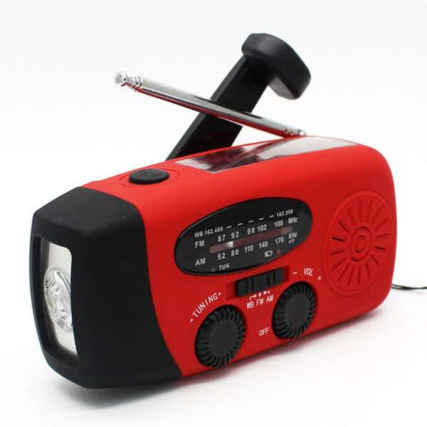 Vevaradio med solceller Ficklampa och 2000mAh Powerbank RED