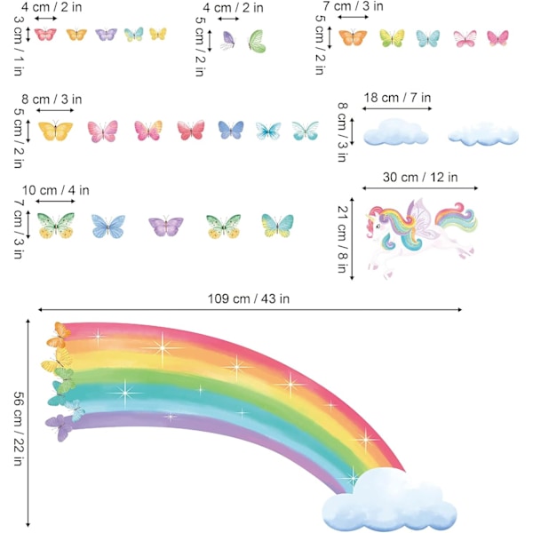 Regnbue Veggklistremer Enhjørning Regnbue Sommerfugler Skyer Veggklistremer Baby Barnerom Jenter Soverom Stue Veggdekor