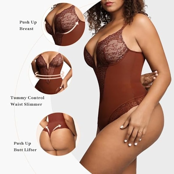 Popilush Lace Shapewear Body for Women - V-hals Tummy Body Suit med snøring - Brun Brown 2XL