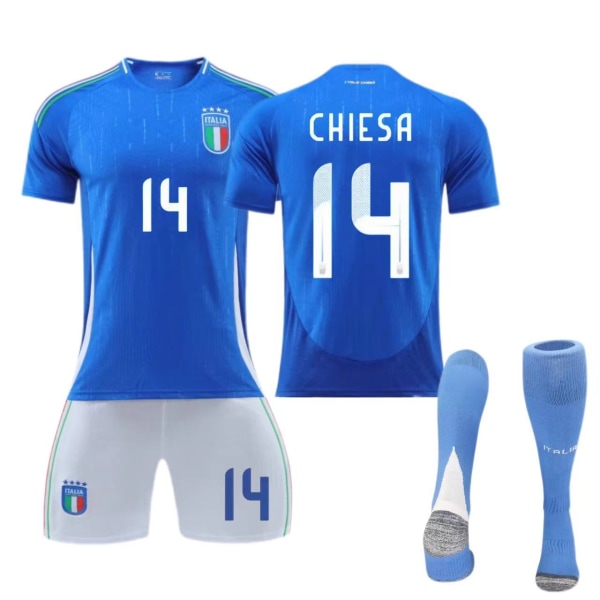 Europeiska cupen - Italiens hemmatröja nr 14 Chiesa nr 18 Barella barn vuxen set fotboll Size 14 socks 18
