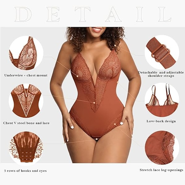 Popilush Lace Shapewear Body Women V Neck Tummy Body Suit Strings Brown Red Brown Red XL