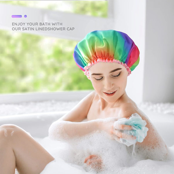 2-pak Dusjhetter for Kvinner Vanntett Gjenbrukbar Trykt Dusjhette Dobbelt Lag Bading Hetter for Krøllete Tykt Hår Medium Regnbue Rainbow Medium (Pack of 2)
