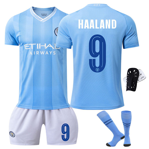Manchester City fodboldtrøjesæt Champions League-version 23-24 nr. 9 Haaland 47 Foden 17 De Bruyne nr. 8 trøjesæt Size 9 with socks 22 yards