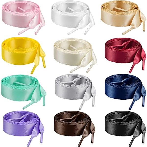12 par 100*2cm litteät satiniskoja nauhoja kenkien nauhoja värikkäitä silkkinauhoja leveitä kenkien nauhoja lenkkareille luistelukenkiin saappaille urheilukengille (12 väriä)