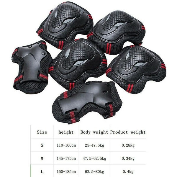 6 st SML Skate skyddsutrustning set armbåge knäskydd cykel skateboard vuxen barn röd S