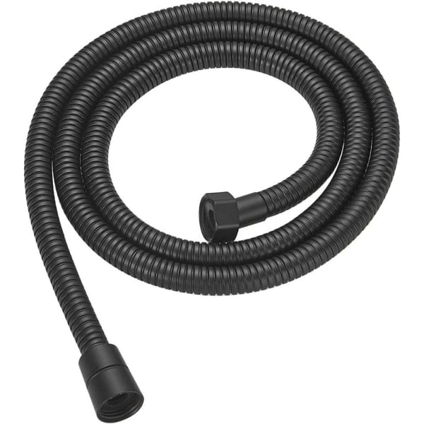 Black handheld shower hose in stainless steel stand