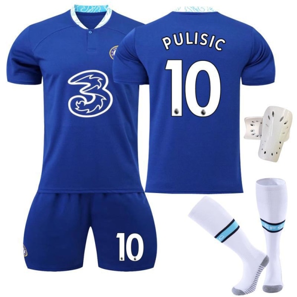 22-23 Chelsea hemma nr 9 Aubameyang 7 Kante 10 Pulisic fotbollsuniform set 19 Mount jersey No. 10 with socks + protective gear #22