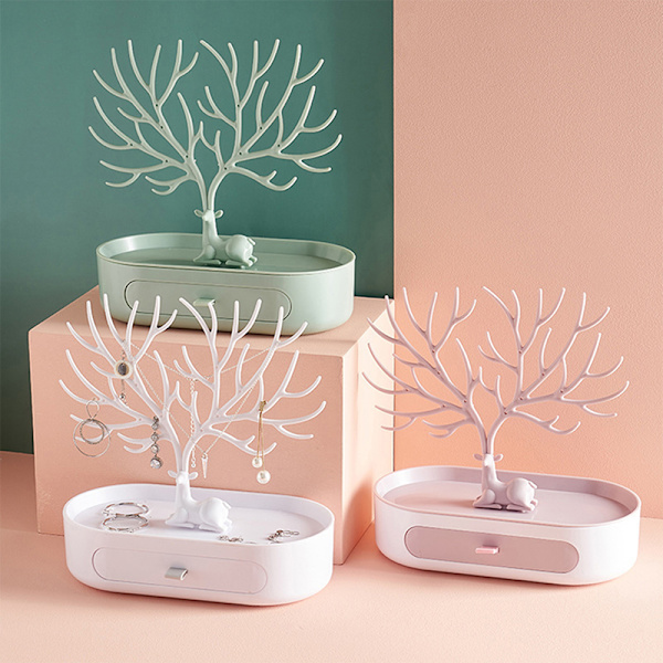 Hjorteøreringe Halskæde Ring Smykke Display Stand Bakke Træ T-With drawer