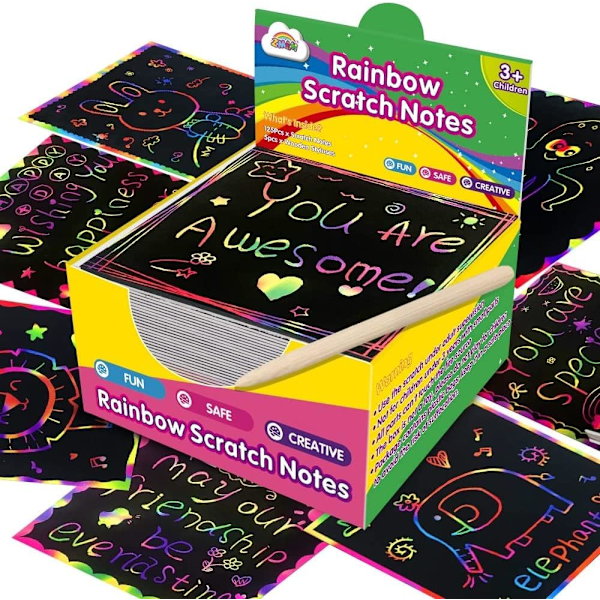 Regnbue Scratch Mini Kunst Noter - 100 Magic Scratch Note Pads Kort Ark til Børn Sort Scratch Håndværk Kunst DIY Fest Favorit Forbrugsvarer Kit Fødselsdag