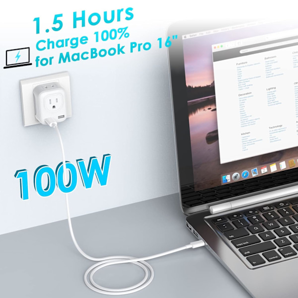 USB-C til USB-C kabel, 6FT USB-C ladekabel 100W rask lading type C kabel