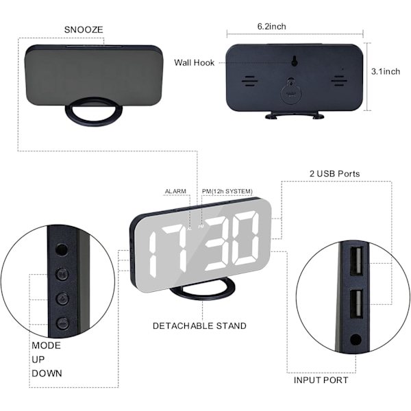 Sovrumsväckarklocka, LED och spegel digital klocka stor skärm med 2 USB-laddningsportar, automatisk dämpning, snooze-funktion, modern skrivbords-/väggklocka