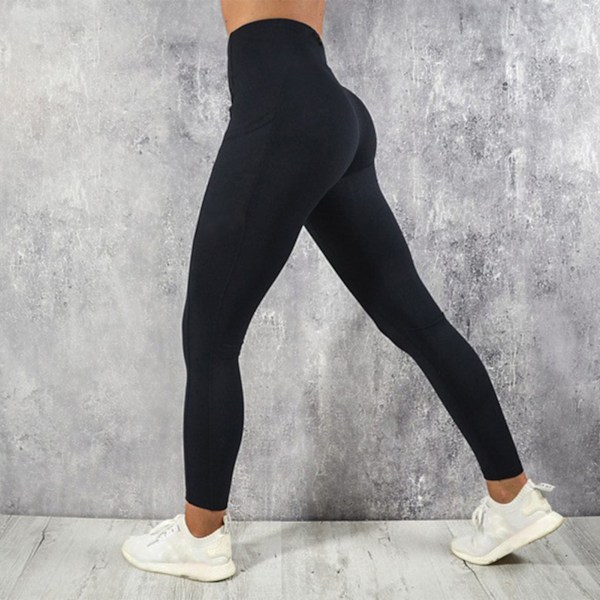 Høy midje yoga leggings rumpe løft sidelommer treningsløping leggings dame svart M