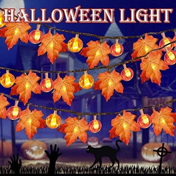 Lønnetre-Gresskar Lys, 3M 20 LED Høstdekorasjonslys Høstblader Lyslenke for Thanksgiving, Halloween, Juledekor Maple Leaf Pumpkin