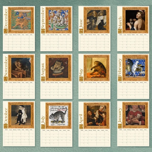 Konstig medeltida katter kalender 2024, med roliga månatliga kattbilder - Slank design 2024 väggplanerare - Kattkalender - Roliga julklappar 2 pcs