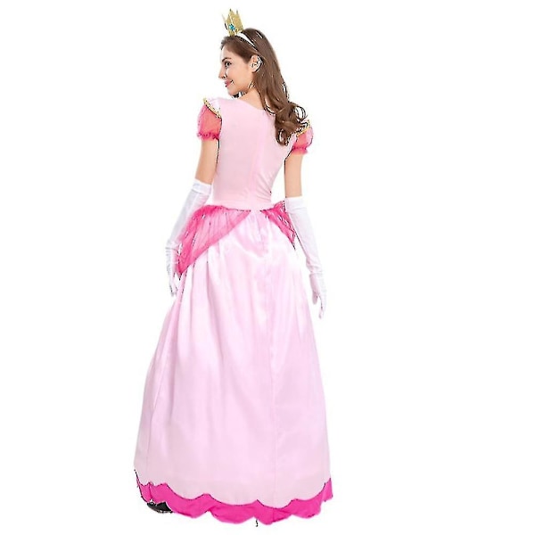 Super Mario Peach Cosplay Kostyme Rosa Prinsessekjole + Hansker + Hodeplagg Antrekk Sett Karneval Fest 2XL