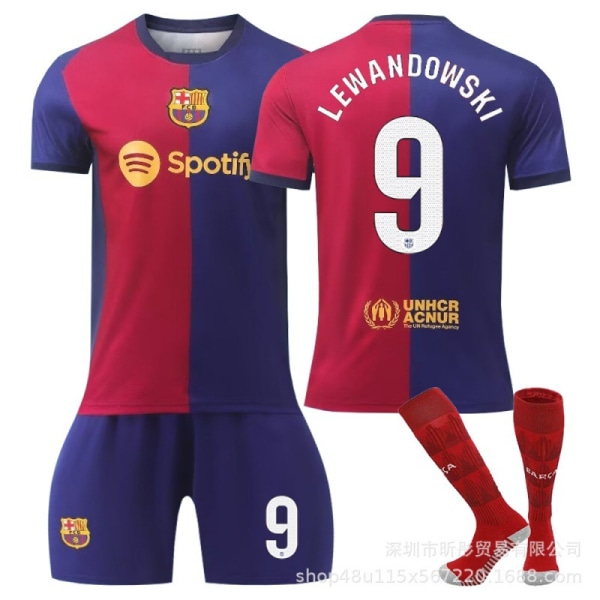 Nytt 24-25 Barcelona fotbollströja 8 Pedri 9 Lewandowski 30 Gavi 10 Messi tröja kostym för vuxna No. 9 + socks Size 18 is suitable for heights