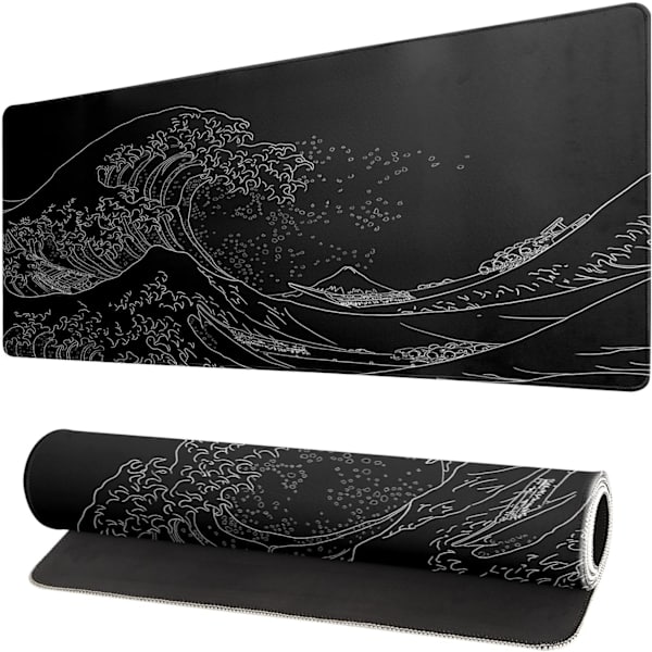 Japansk Havbølge Stor Mussemåtte, Anime Sort Gaming, Udvidet Kanagawa Måtte Skrivebordsunderlag, 3 mm Tyk Lang Skridsikker Gummibund Mussemåtte, 31,5 X 11,8 Tommer