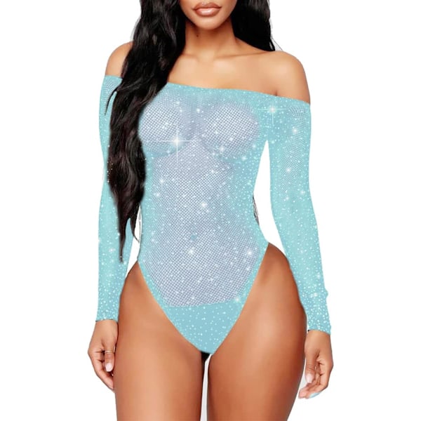 errki Women Sexy Sparkle Rhinestone Teddy Fishnet Long Sleeve One Piece Bodysuit Light Blue