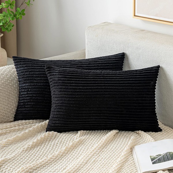 Putetrekk i kordfløyel, avlangt dekorativt putetrekk, stripete, mykt, bluff home for sofa og soverom 30X50cm black