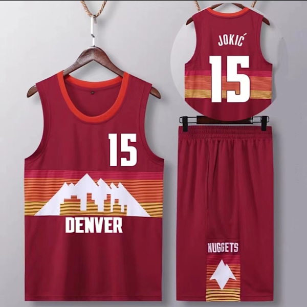 Sportsklær Nikola Jokic Denver Nuggets Basketballtrøye 15 Voksen Basketballtrøye Fotballtrøyer City Rød-WELLNGS City Rød- Perfet City Rød City Red 4XS（110-120cm）