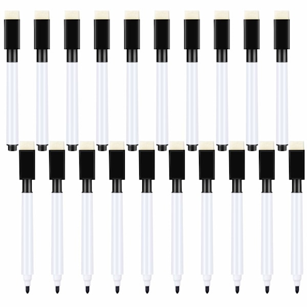 20 stk. små whiteboard-penne - sorte whiteboard-markere med viskelæder, fin spids, til børn (sort)