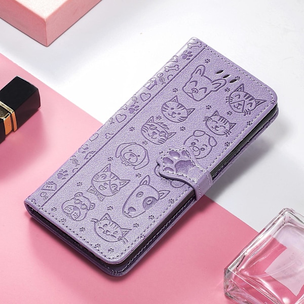 Etui til Samsung Galaxy A71 4g Flip Wallet præget cover Etui Housse Kat Hundemønster - Lilla