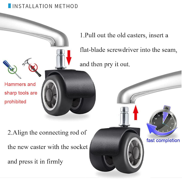 Konttorituolin korvaavat kumipyörät, leveämpi rengasdesign lattian suojaamiseksi, 11 mm x 22 mm vakiovarren koko, helppo asentaa, 5 kpl pakkaus