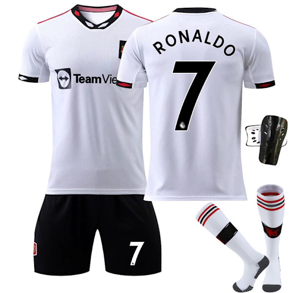 22-23 Red Devils udebanetrøje hvid nr. 7 Ronaldo fodbolduniform 25 Sancho 10 Rashford børnesæt med sokker No. 7 + Socks Protector XXL