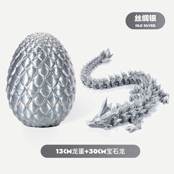 Påskdrakar 3D-tryckt drakägg med drake inuti Kristalldrake Fidget Leksak för Vuxna Fullt Ledad Drake för Hemmakontorsdekoration SILK SILVER