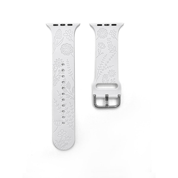 1-pack blommig graverad sportrem kompatibel med Apple Watch-armband 38 mm 40 mm 41 mm, dam blommig lasermjuk silikonarmband ersättning iwatch white 42mm 44mm 45mm