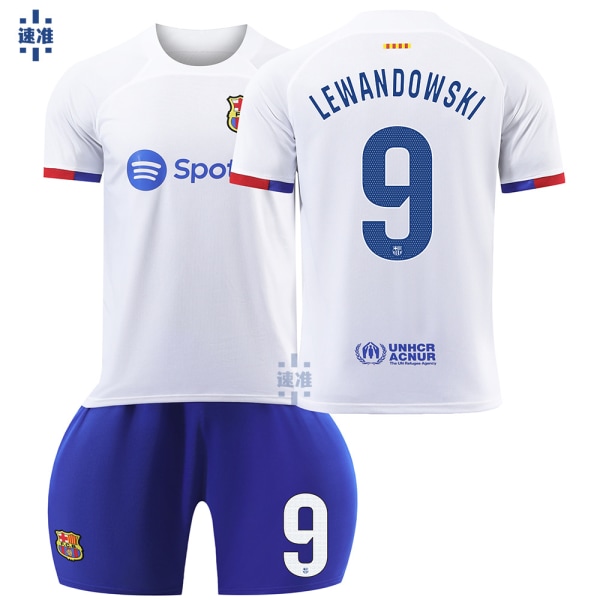 23-24 Barcelona borta fotbollströja nr 9 Lewandowski dräkt 6 Gavi 21 De Jong 10 Messi barn tröja med strumpor No. 9 without socks XL