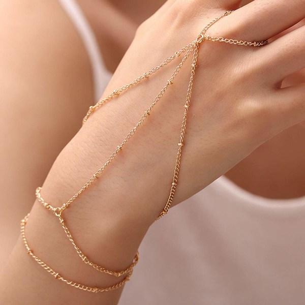 Chicque Beaded Ring Armband Hand Chain Guld Layered Finger Ring