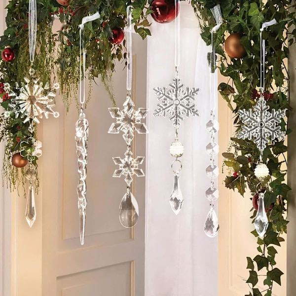 18 st Kristalljulkulor för Julgran - Hängande Akryl Snöflingor och Iskristaller med Dropphängen