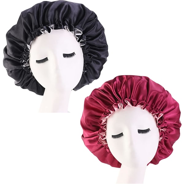 2-pack Satin Hår Bonnet Sovmössa Nattmössa Sovhuvudskydd Elastisk