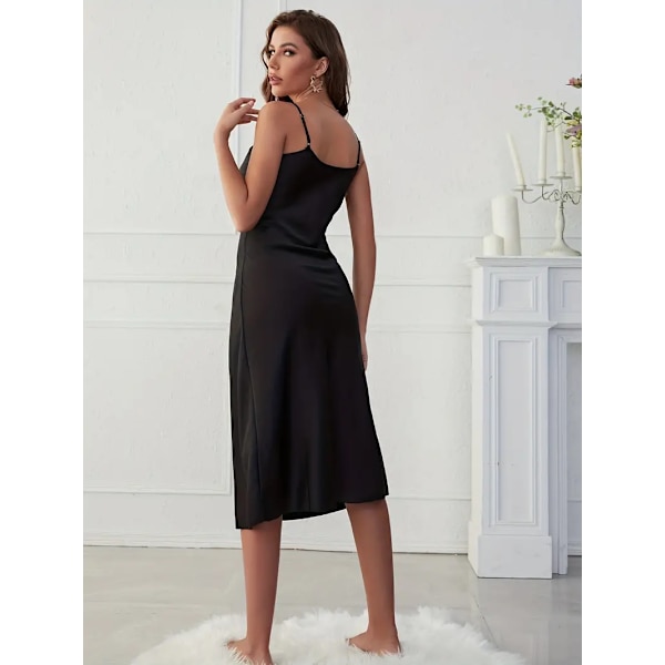 Solid Satin Slip Nattlinne, Elegant V-ringad Rygglös Spaghettiband Nattklänning, Dam Sovkläder & Klänningar svart black S