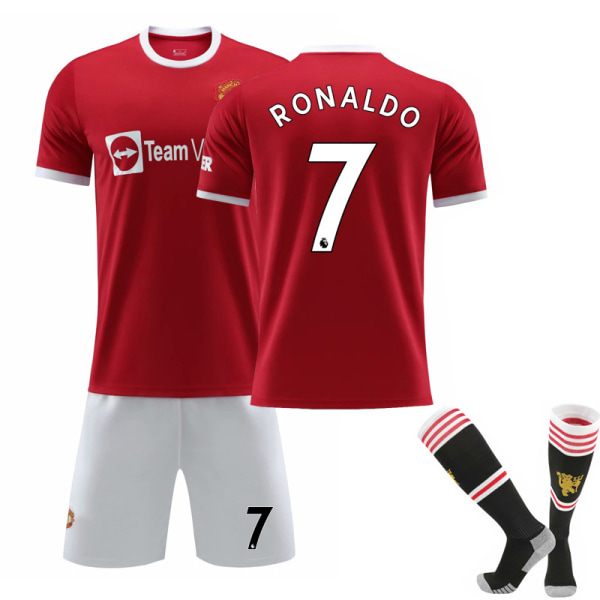21-22 New Red Devils Home nr 7 Ronaldo tröja nr 6 Pogba fotbollströja set nr 18 stjärna med originalstrumpor No. 7 Cristiano Ronaldo with socks XS#
