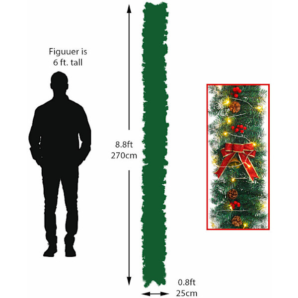 270 cm joulukranssi 50 LED-valolla, joulukoriste