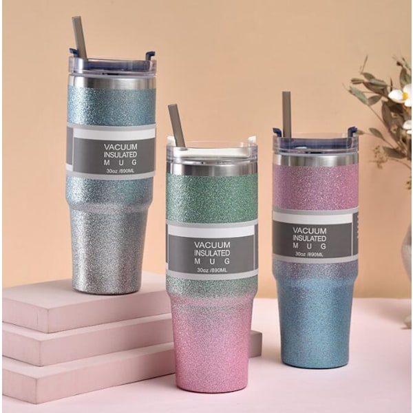 30oz rostfri tumbler, isolerad mugg tumbler med sugrör rosa blå pink blue 20 oz