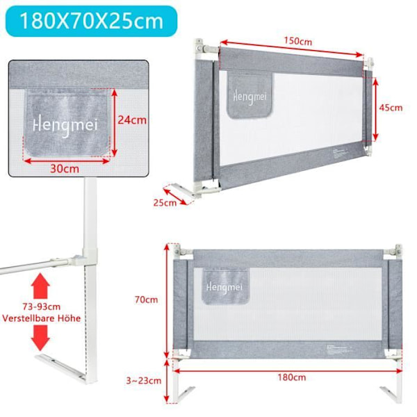 YRHOME-sängynkaide - Korkeussäädettävä - 180 cm - Pudotusturva - Vauvoille ja lapsille