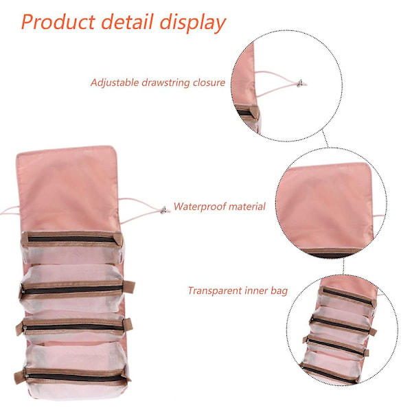 Hängande rullbar resetoalettartiklar för kvinnor Makeup Bag Organizer Kosmetisk väska Rosa