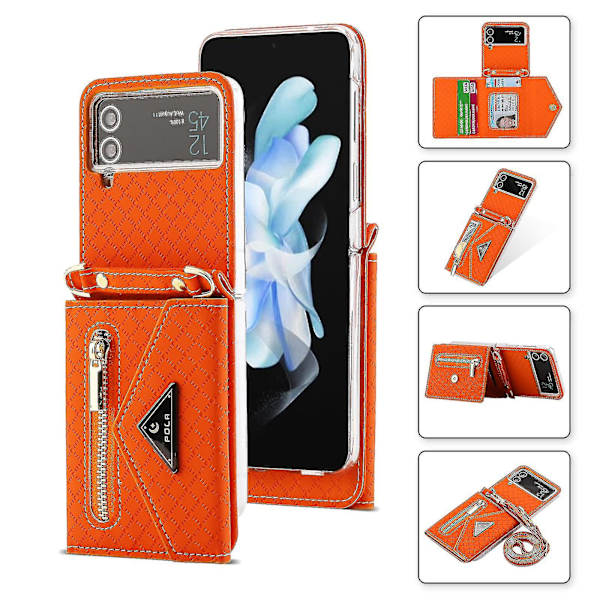 Lompakko Kotelo Yhteensopiva Galaxy Z Flip 4:n kanssa, Ristiriimu Lanyard PU Nahka Suojaava Kotelo Korttipaikoilla Oranssina Orange For Galaxy Z Flip 4