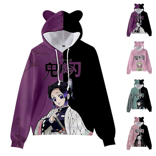 Unisex Demon Slayer Tryckt Hoodie Sweatshirt Casual Pullover Kattöron Huvtröja Toppar Lila Purple S