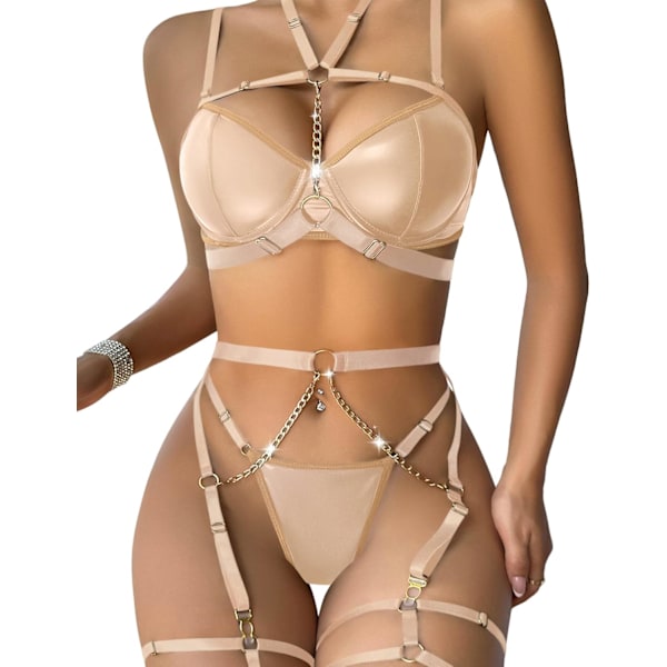 osy Seksi Kaarituellinen Söpö Läpinäkyvä Kawaii Rintaliivit ja Alushousut 3 Osainen Nahkainen Khaki Large