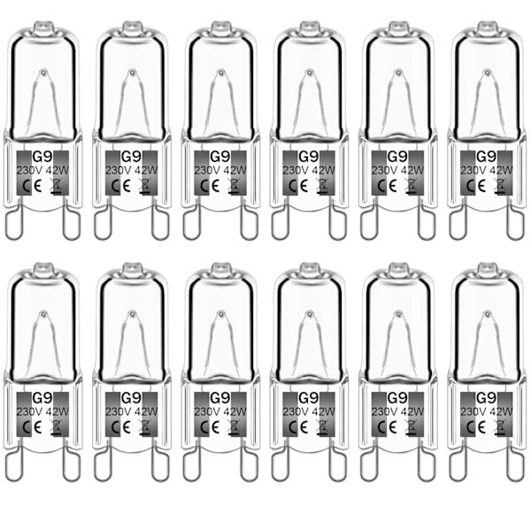 12-pakkaus G9-halogeenilamppuja 42W 230V 2800K lämmin valkoinen 580lm, kirkas kapselihalogeenilamppuja himmennettävä, ei stroboa, ei välkkymistä