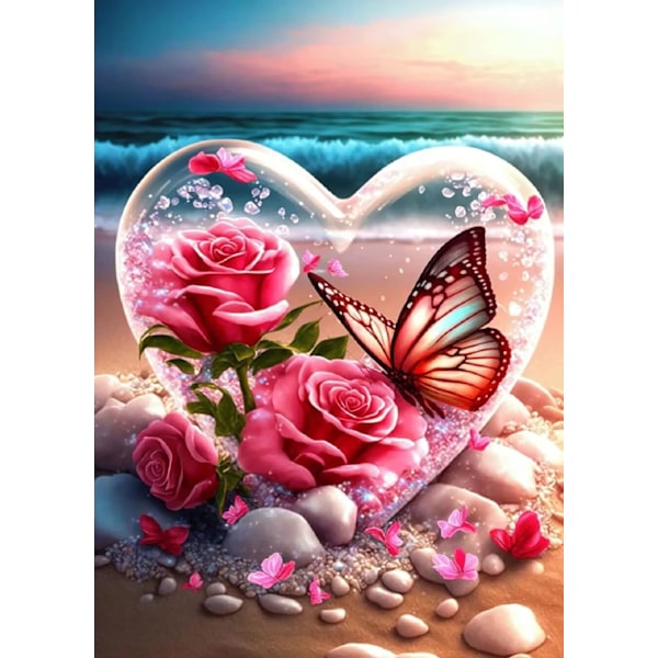 Flowers Heart Diamond Art Kits, 5D DIY Full Drill Sea Beaches Butterflies Diamond Painting, Crystal Bead Art for Home Wall Decor 12 x 16 Inches