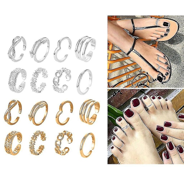 8 stk./sæt Fashion Simple Toe Ring Justerbar Fod Strand Smykker（Guld）