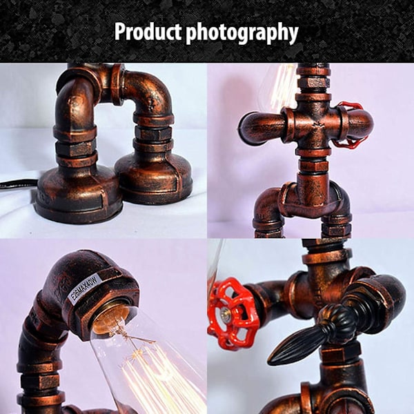 Industrielle robotlamper for gutter - Retro steampunk-lampe - Kul og søt bordlampe - Vannrørlampe for kontor, soverom, stue bB