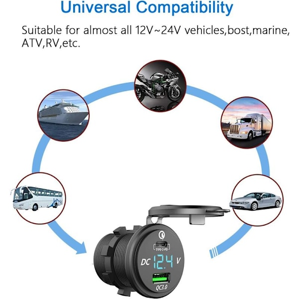 Nyeste 12V 24W 12V USB C Billader Socket 16W PD og Dual 18W QC3.0 Billader USB Socket 12V med Strøm Vanntett Mu