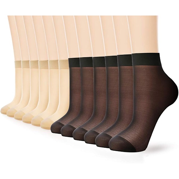 12 Pairs Women's Ankle Nylon - 20D Sheer Tights (6 Black and 6 Nude)