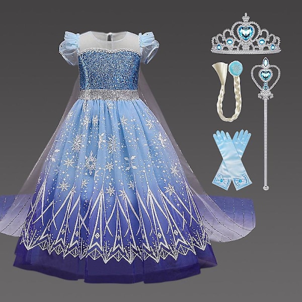 Uporpor Frozen Princess Elsa LED lys opp kjole for jenter barn cosplay festklær snødronning karneval juleballkjole 4 stk og kjole uten lys 4pcs and dress no light 120 cm